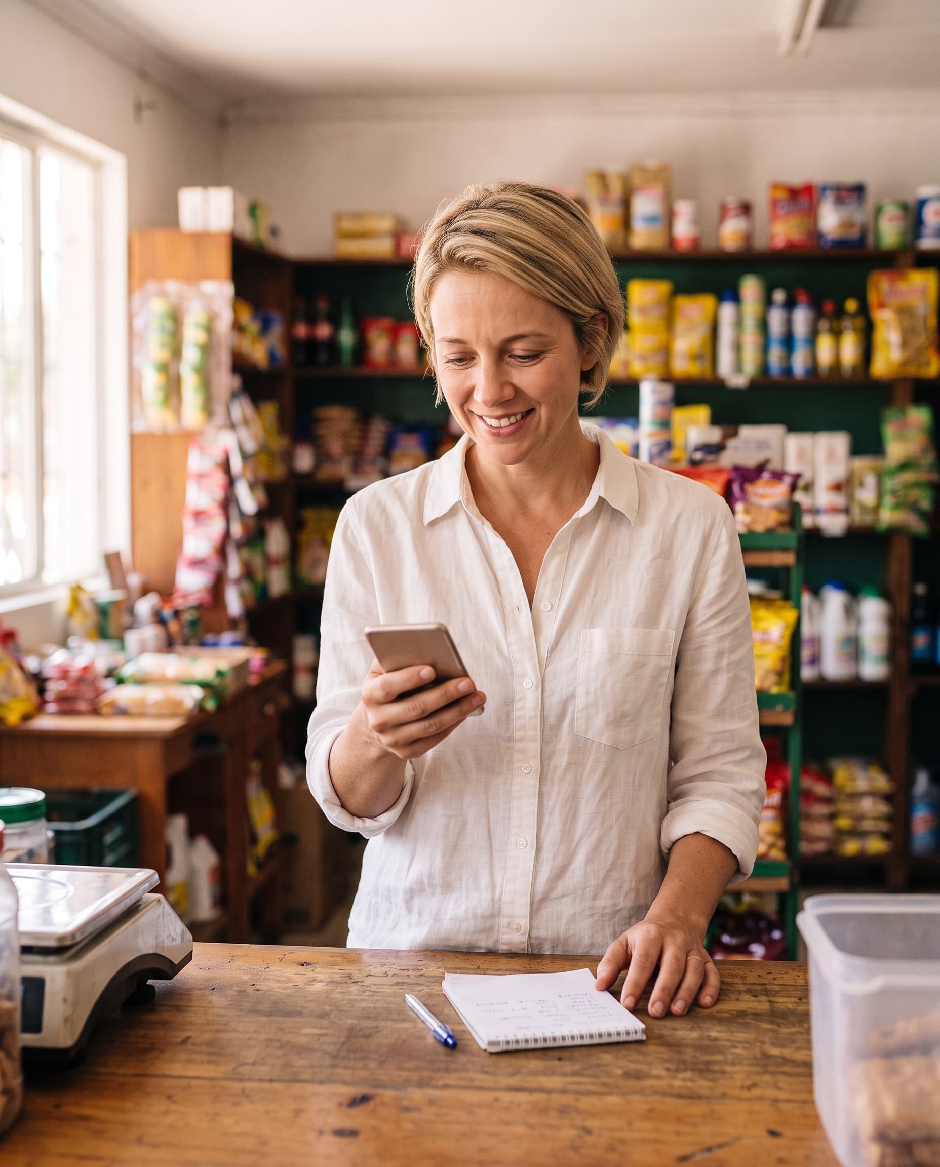 La comerciante revisa su celular detrás del mostrador